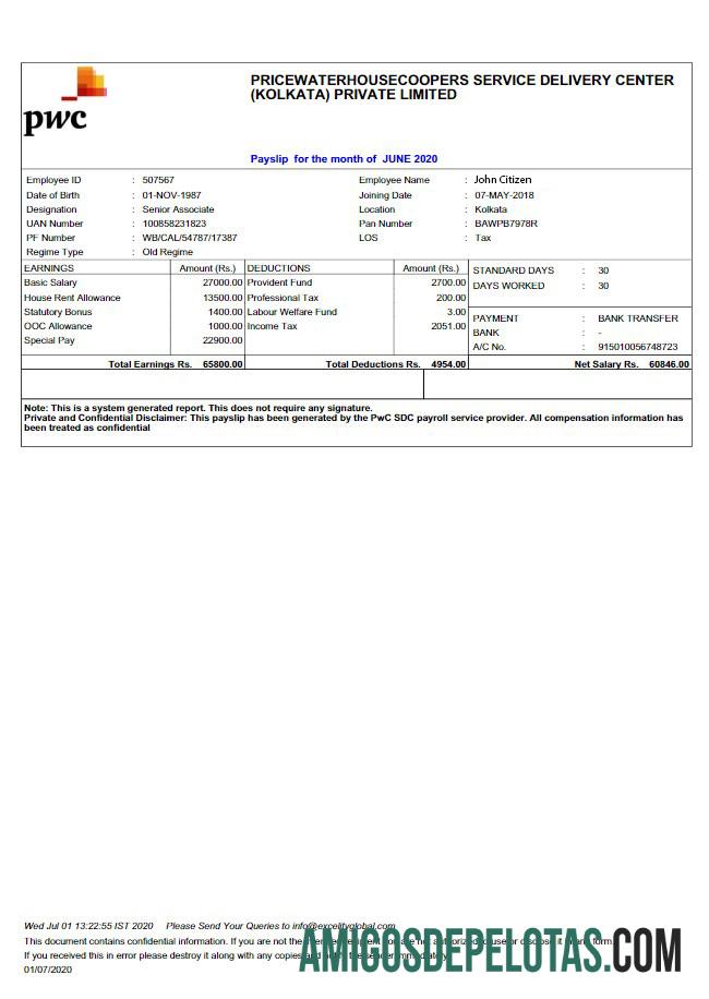 ÍNDIA PRICEWATERHOUSECOOPERS Centro de prestação de serviços (Calcutá) Recibo de pagamento privado limitado em formatos Word e PDF modelo